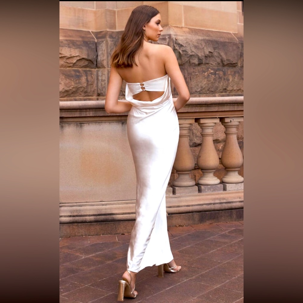 CHARLITA MAXI DRESS - STRAPLESS COWL BACK SATIN DRESS IN PEARL SIZE XL